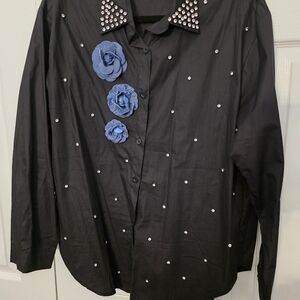 Black Studded Men's Shirt with Blue Floral Accents